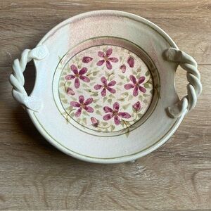 Vintage Signed pottery dish , jewelry tray catch all beautiful purple floral